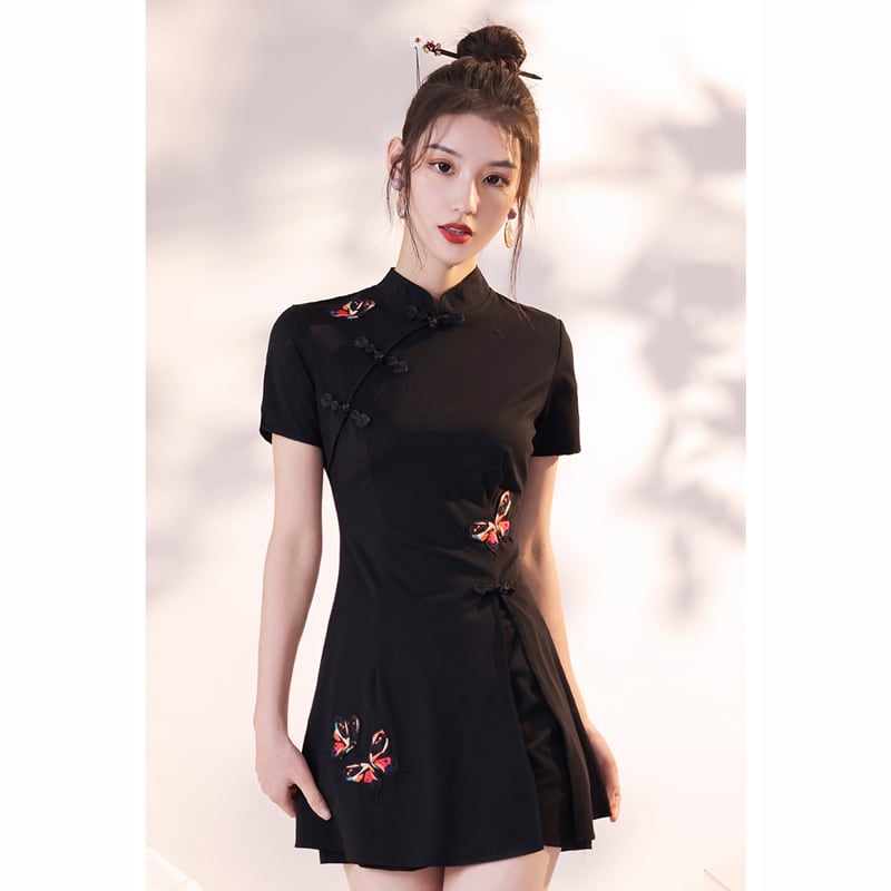 [Taibi Shiba Series]★China style setup★Cheongsam dress + shorts 2-piece set Butterfly Black Black