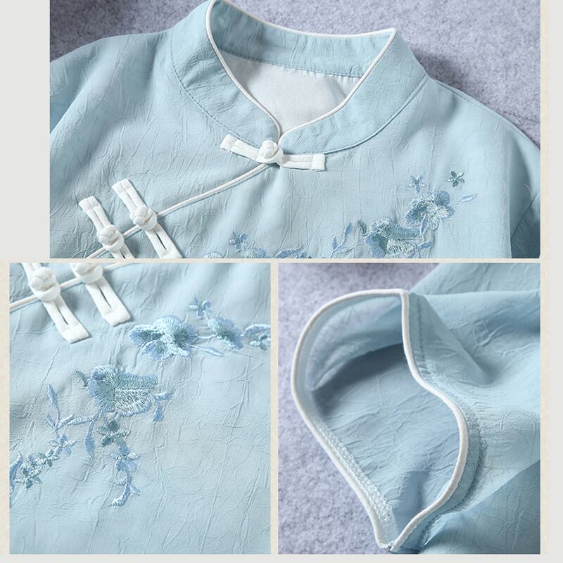 [Qing series]★China style tops★ 3color three-quarter sleeve color scheme blue white pink blue white retro literary style