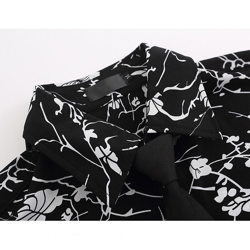 [BEAT BOY Series] ★Shirt with tie★ Ink pattern floral pattern tops short sleeve shirt unisex men's print black black