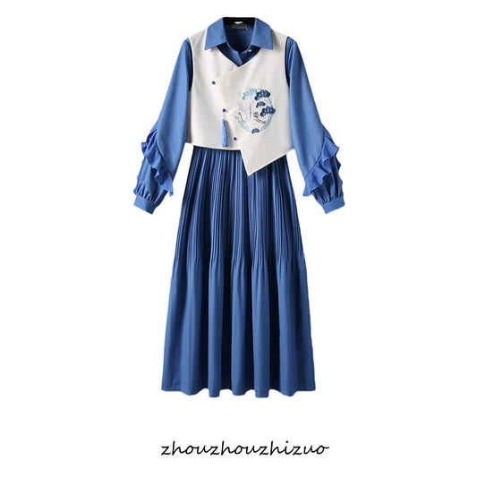 [Shigai Tadoneko Series] ★Chinese style setup★ One piece + vest 2-piece set embroidery crane blue blue