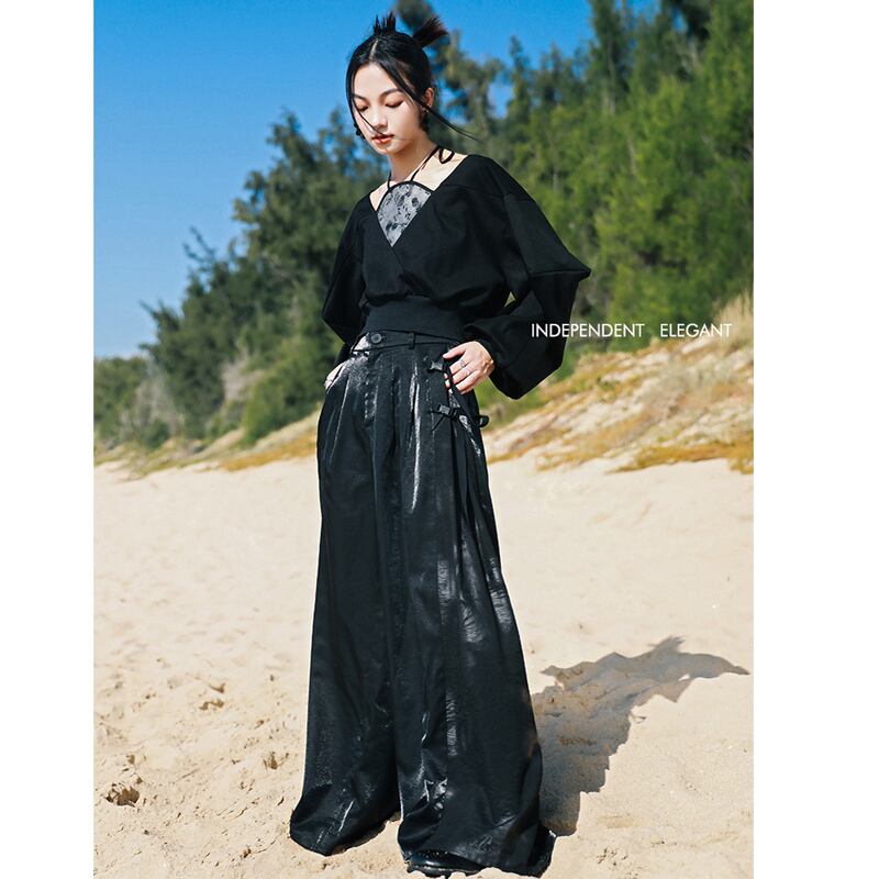 [Big Blue Dragon Series] ★China style tops★ Fake layered, design, slimming, enhances femininity, black, black