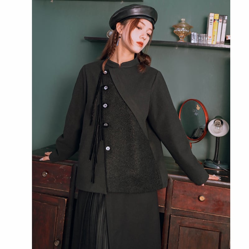 [Kokaisha --- Chichiku Series] ★China style outerwear★ Rasha switching fake layered black black