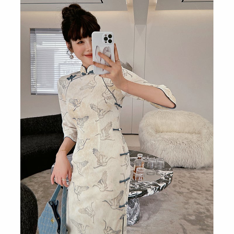 [Customize --- Kiyosagi Series] ★Cheongsam dress★ Chinese-style dress, improves temperament, Chinese clothes, crane pattern, crane, long length