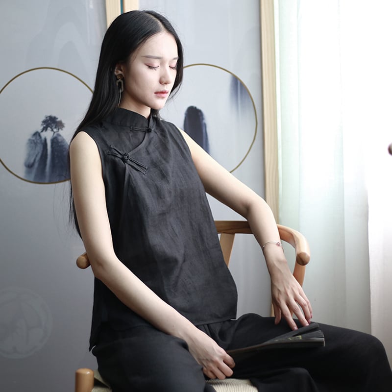 [Series]★Chinese style tops★ Chinese clothes improved Tang suit sleeveless cotton linen black black