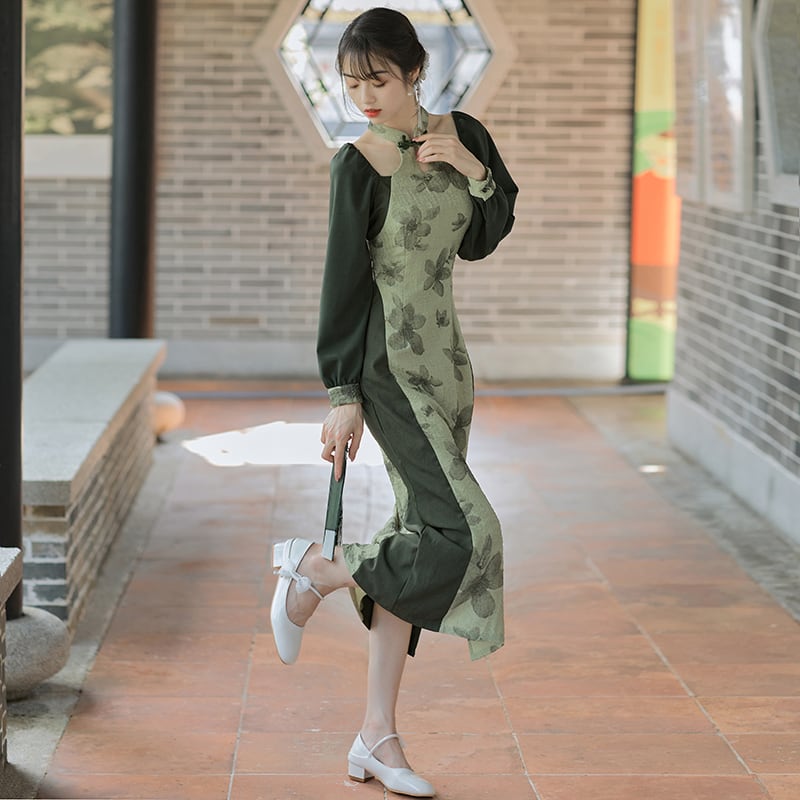 [Tatsuko Chenis Series] ★China style dress★ Improved cheongsam dress Floral pattern Color scheme Slimming Green Green SML