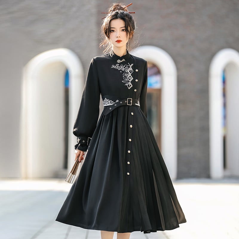 [Dust smoke and cloud dream series] ★China style dress★ With belt, long sleeves, embroidery, black, black SML, slimming, Chinese elements