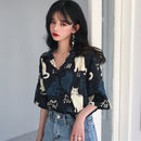 [PUTONG series]★China style shirt★ Tops 2color black white cat pattern loose cute SML XL