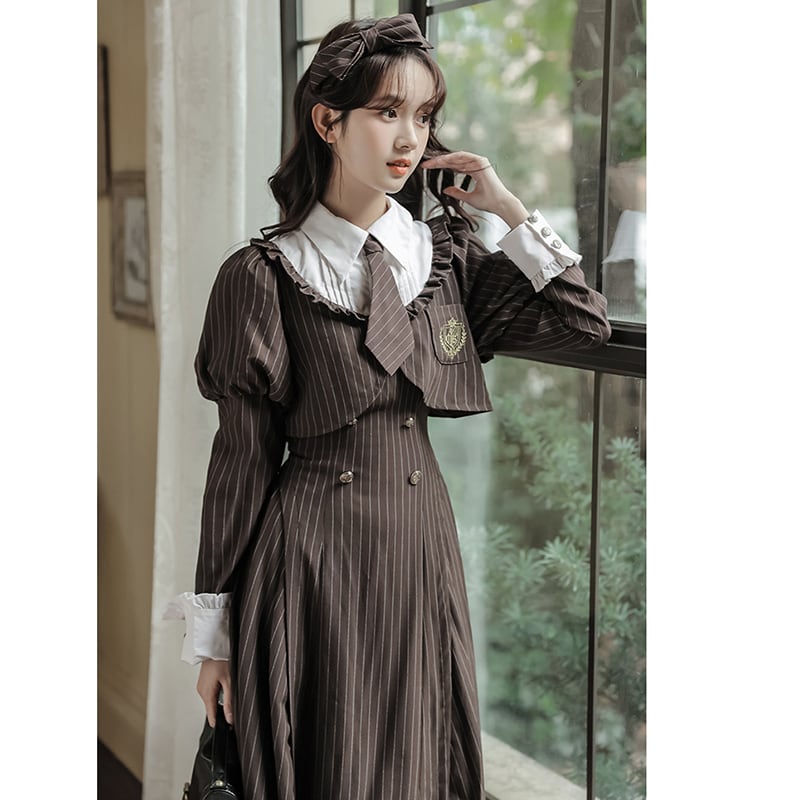 [GOODMORING Series]★Dress with tie★ Faux layered long sleeve dress Cute vertical striped striped pattern