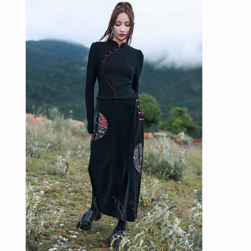 [Da Qinglong Shu Series] ★Chinese style tops★ Color scheme: Slim, slimming, Chinese clothes, original, easy to match, black, black