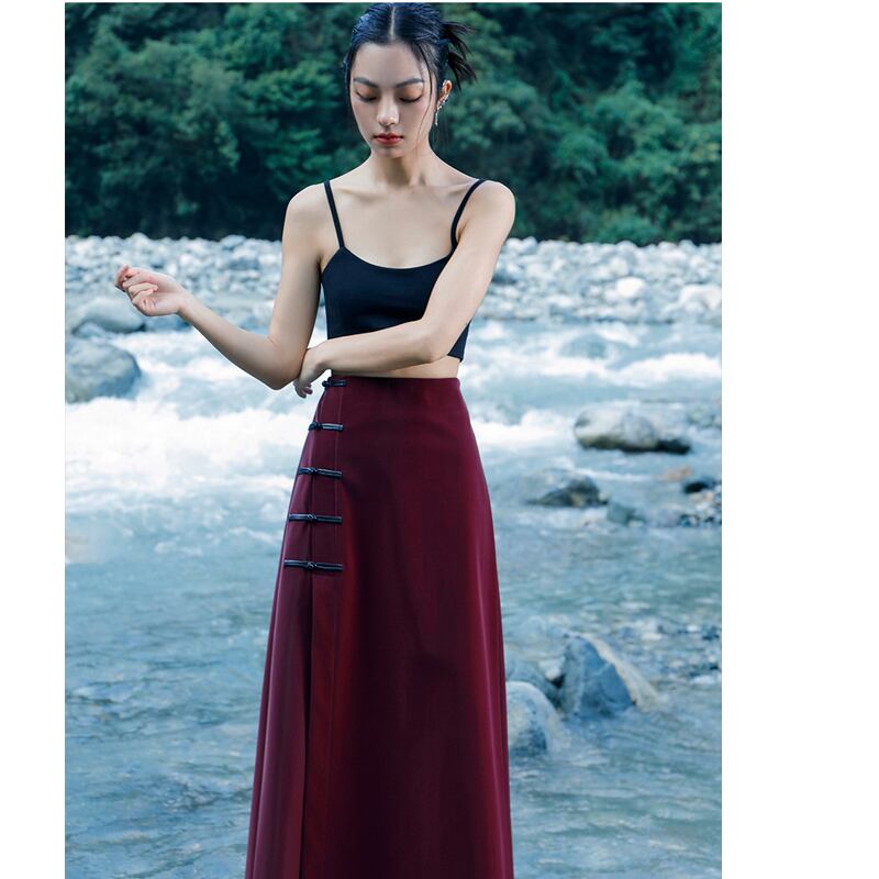 [Da Qinglong Shu Series]★China style skirt★ PU skirt China button red red Chinese clothes slimming slit