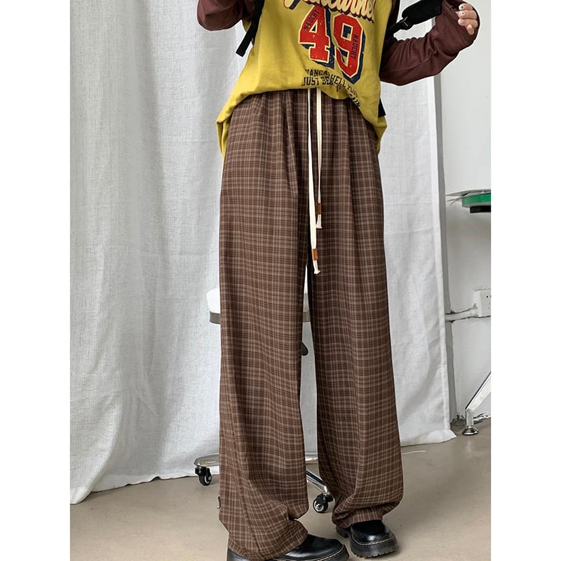 [Kumikumi Series] ★Casual Pants★ 2color Bottoms Trousers Casual Plaid Pattern Black Coffee Color Elastic Waist