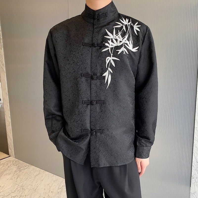 [Illustrated Series]★China Style Shirt★ Embroidery Bamboo Bamboo Embroidery Tops Long Sleeve Shirt Unisex Men's Black Black