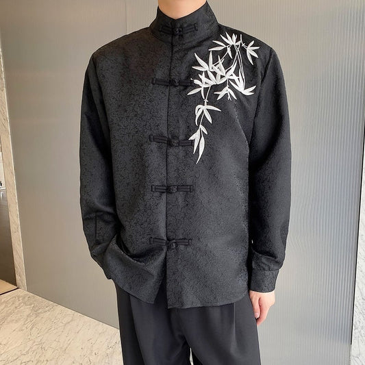 [Illustrated Series]★China Style Shirt★ Embroidery Bamboo Bamboo Embroidery Tops Long Sleeve Shirt Unisex Men's Black Black