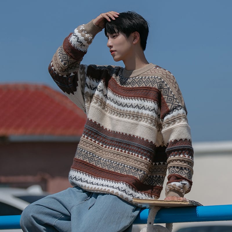 [Pvpvpv Series]★Sweater★ 2color Tops Christmas Unisex Men's Vertical Striped Striped Pattern Gray Brown