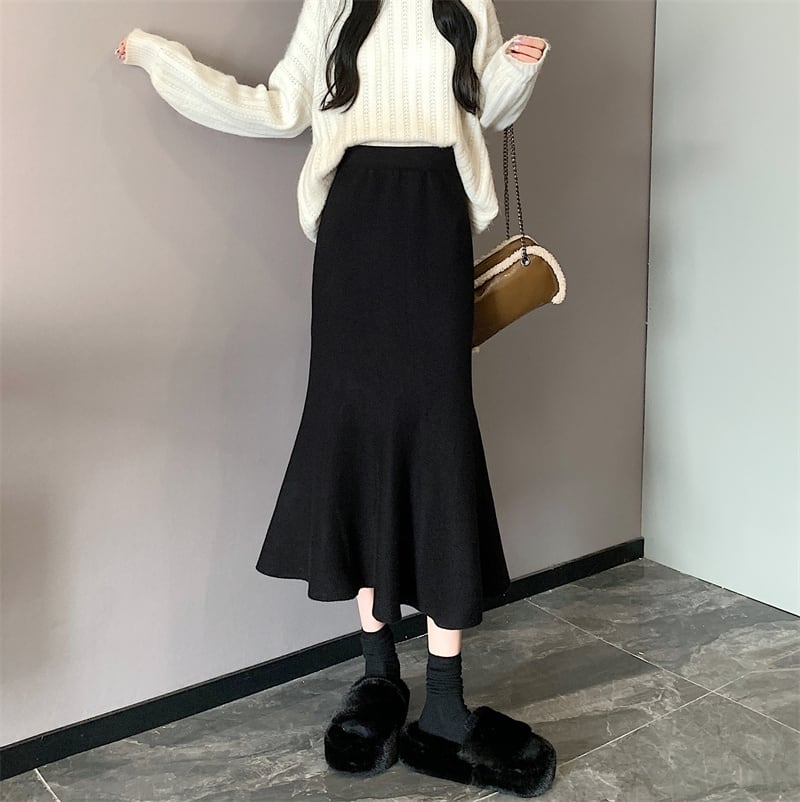 [Kumikumi Series]★Knit Skirt★ 3color Bottoms Slimming Mermaid Skirt Easy to Match Black White Apricot