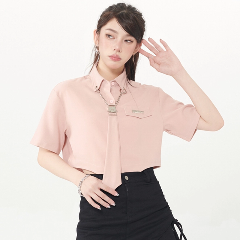 [Escaped Earth Series] ★Shirt with tie★ 2color tops SML black pink mini length unique