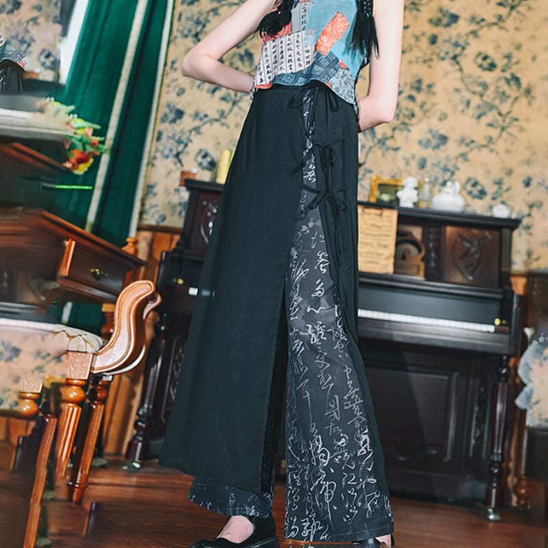 [Kokaisha---Shinkyo Series]★China style pants★Bottoms Gaucho pants Letter pattern switching Black Black