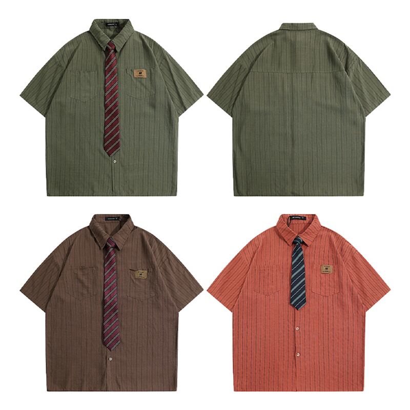 [HTTAOSUP Series]★Shirt with tie★ 3color tops, short sleeve shirt, unisex, men's, vertical stripes, easy to match