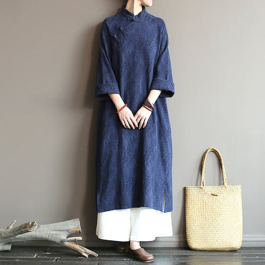 [Song Dynasty Series]★Chinese style dress★ Long length Cotton linen Improved Tang suit Cotton linen Navy Red Brown Free size