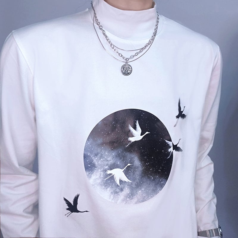 [Kuraho Koya Series]★China style top★T-shirt 2color black or white unisex crane crane moon black white