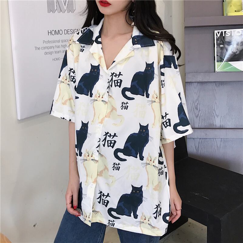 [PUTONG series]★China style shirt★ Tops 2color black white cat pattern loose cute SML XL