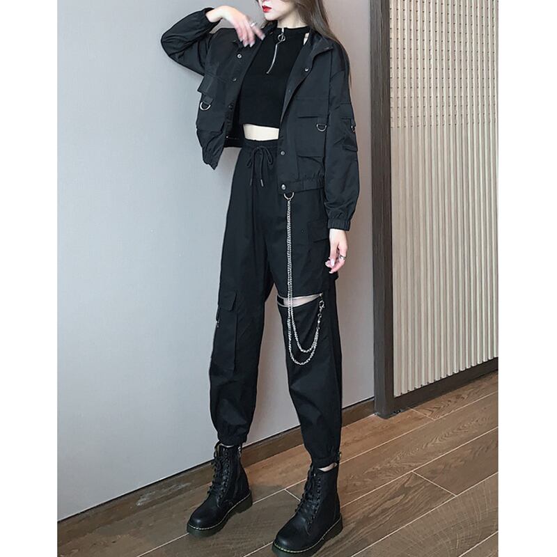 [DUOMIAOTU series]★Setup Single item order★ Outerwear or pants with chain Casual Black Black