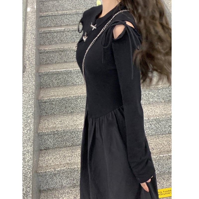 [XJXJ Series] ★China style dress★ Improved cheongsam dress Black Black slimming change