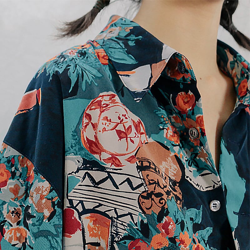 [Kigen Series]★Shirt★ Ladies Tops SML Green Flower Pattern Print Retro Oil Painting Style