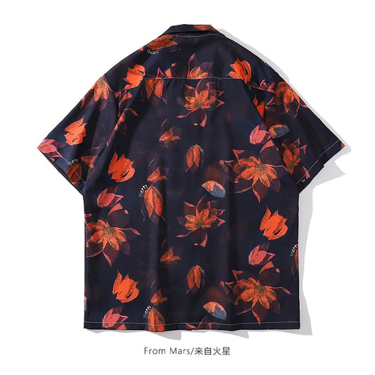 [From Mars Series]★Retro Shirt★ Print Unisex Floral Pattern Short Sleeve Cool Black Black Summer