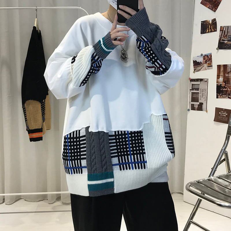 [Gyoshoen Series] ★Tops★ 2color Black or White Switching Casual Unisex Loose Plaid Pattern Black White