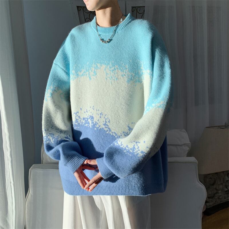 [Bungei Fusha Series] ★Sweater★ 3color knit tops Unisex Men's Oil painting style Color scheme ML XL 2XL