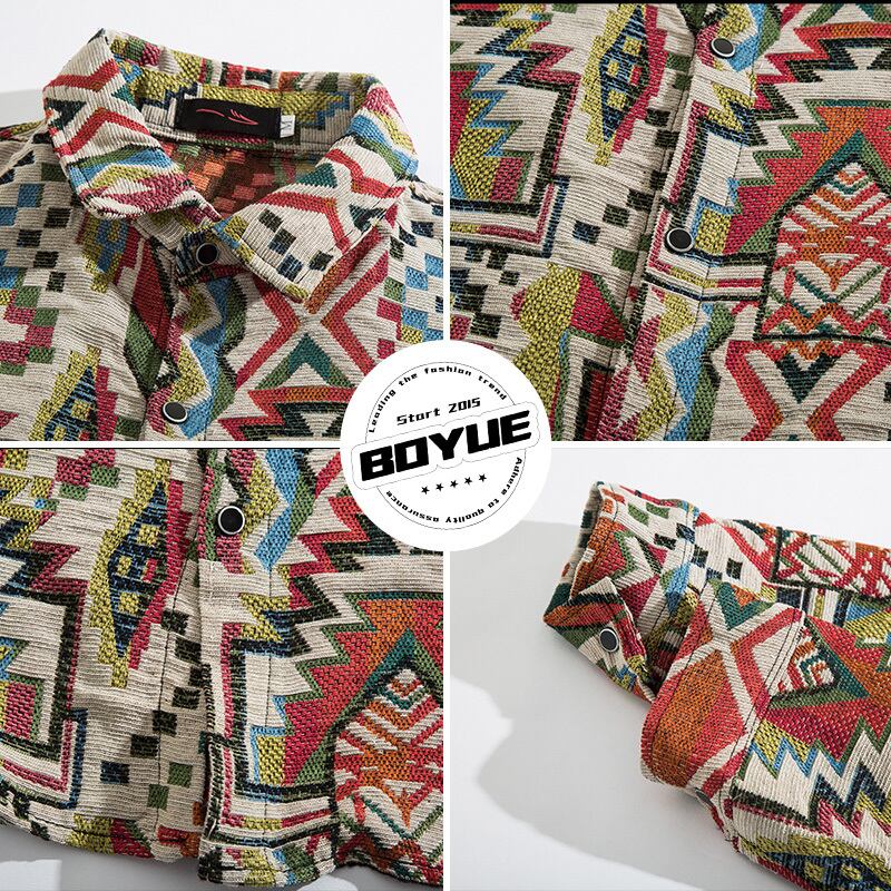 [BOYUE Leeds] ★Retro Shirt★ Shirt Jacket Long Sleeve Shirt Tops Unisex Casual Ethnic Style Shirt Print