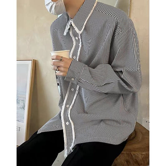 [Kougisha Series] ★Tops★ Shirt Unisex Men's Color Scheme Vertical Stripes Striped Pattern Casual Improves Temperament Navy