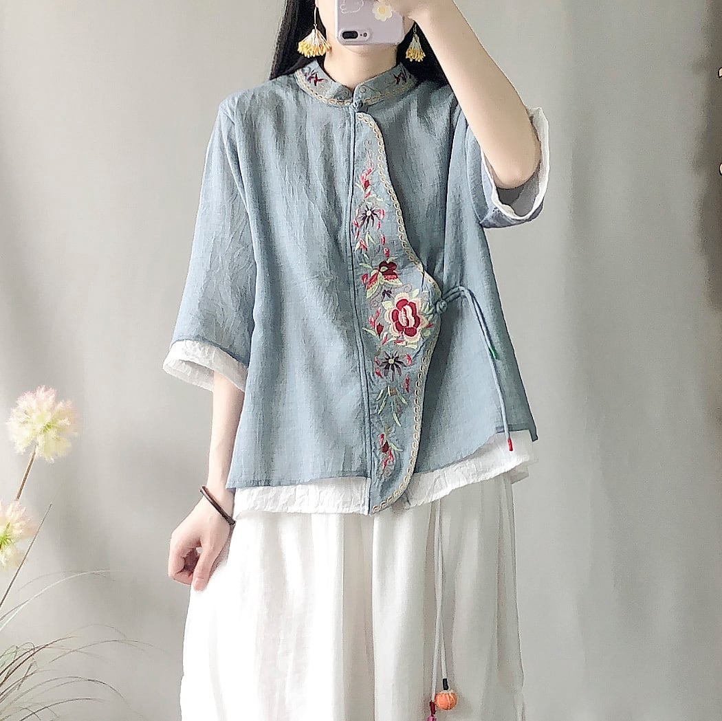 [Kofuku series] ★China style shirt★ 3color embroidery tops ethnic gray blue white pink