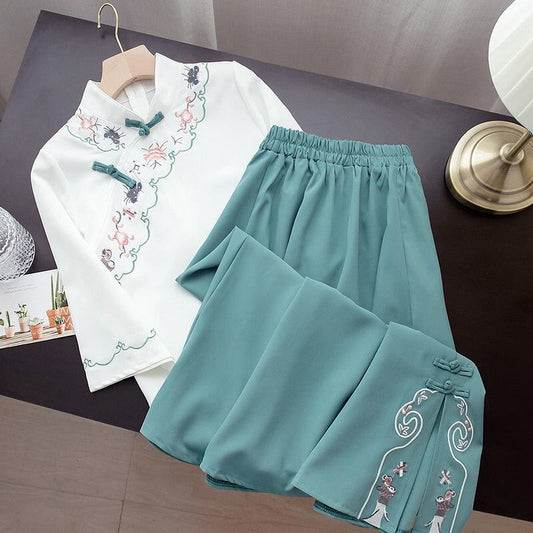 [Ring Series] ★Chinese-style set★ 2 colors Blue-green or pink Top + skirt Embroidery SML XL 2XL