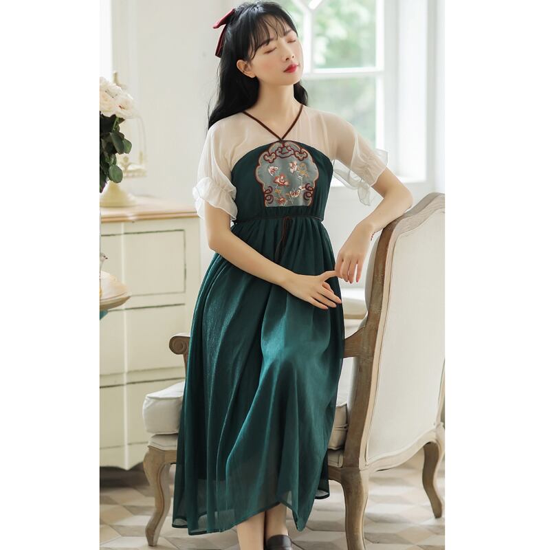 [Shogunsho series]★Hanfu dress★ Embroidery Casual wear Chiffon V-neck Green Green Coming-of-age ceremony SML XL Green Green