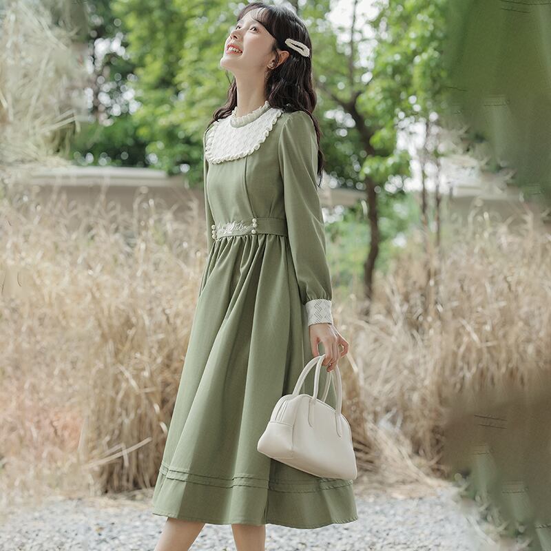 [Ali Series]★Chinese style dress★ Embroidery long sleeve dress Women's Switchable Easy to match Cute Green