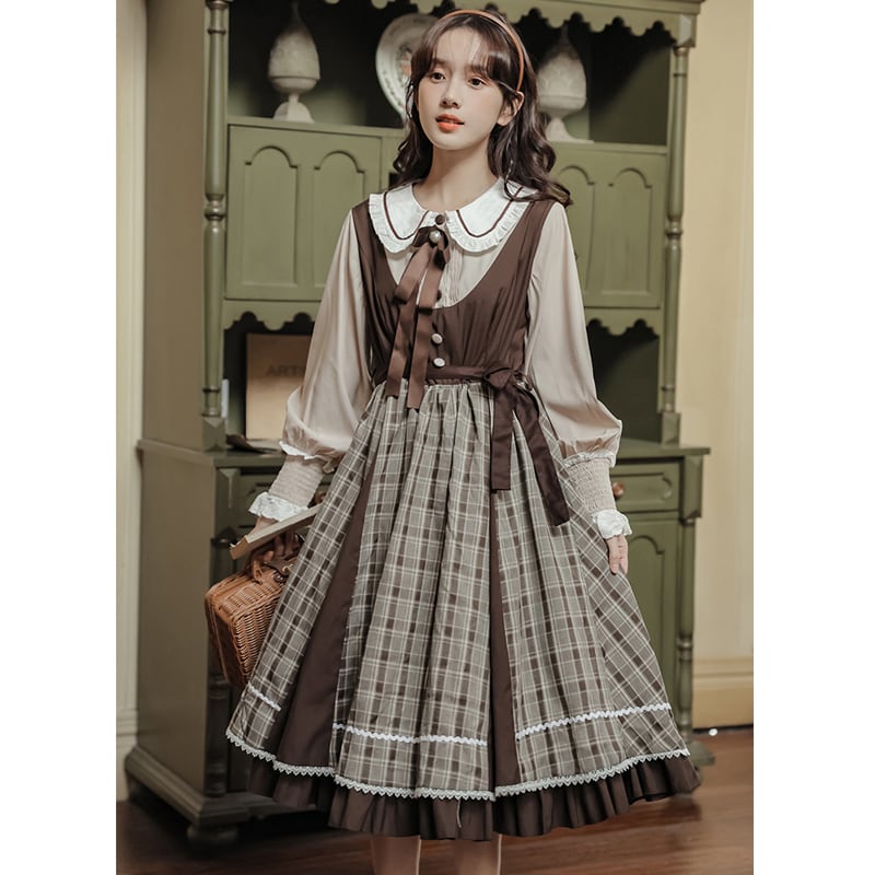 [DACHENGZI Series] ★Dress★ Fake Layered Dress Checkered Pattern Cute Retro S M L XL