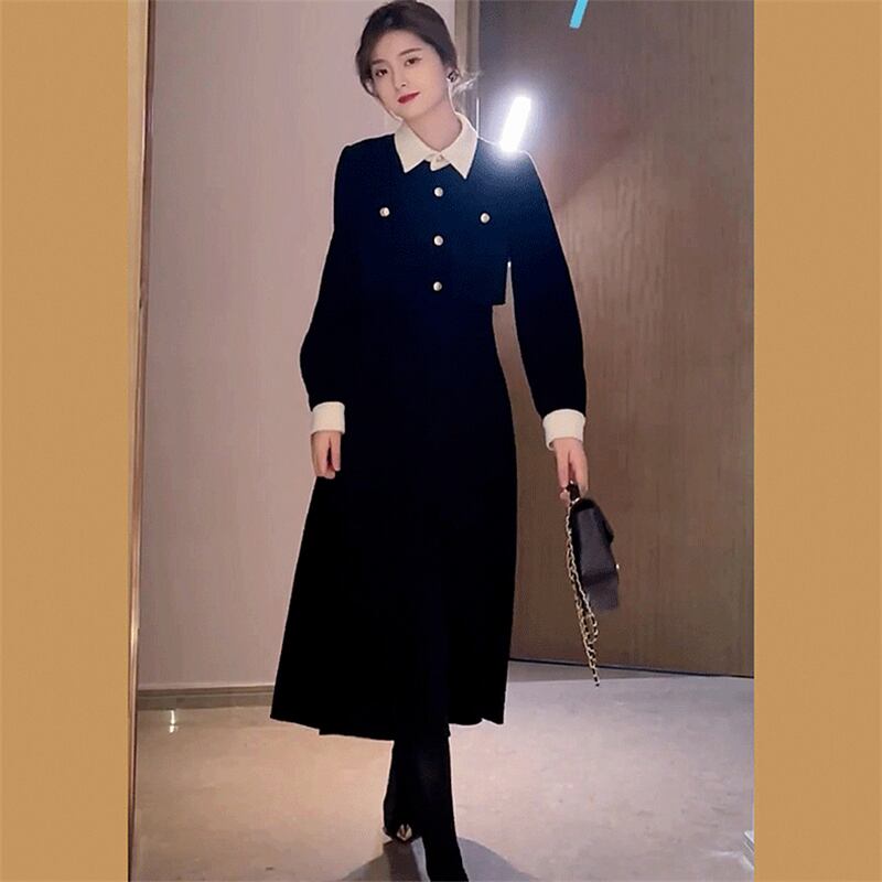 [ZHENMANZI Series] ★One Piece★ Faux layered long sleeve thick women's fashionable slimming appearance enhances your temperament Black Black