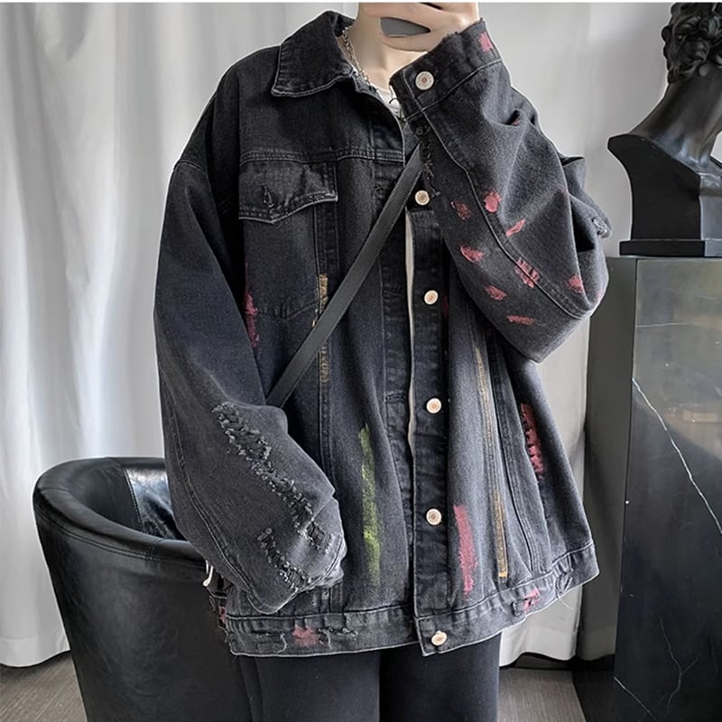 [YOULIN Series]★Denim jacket★ 2color outerwear unisex men's graffiti black blue