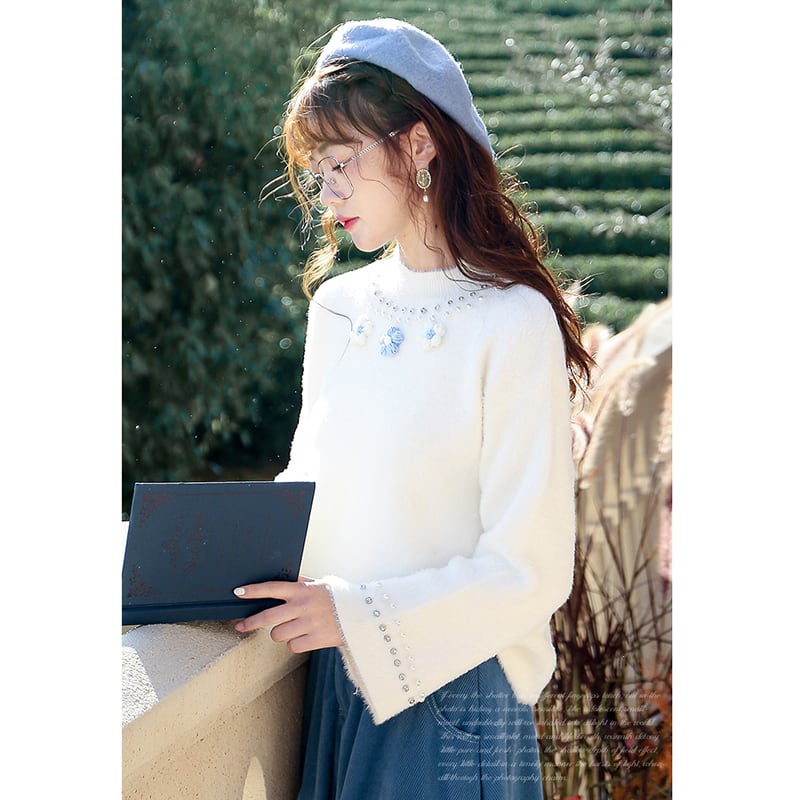 [Shirashu Series] ★Sweater★ Tops, Ladies, Stylish, Easy to match, White, Cute, 3D floral pattern