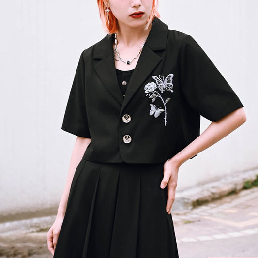 [Ancient monster --- butterfly effect series] ★China style top★ Blazer short sleeve embroidery butterfly short length black black