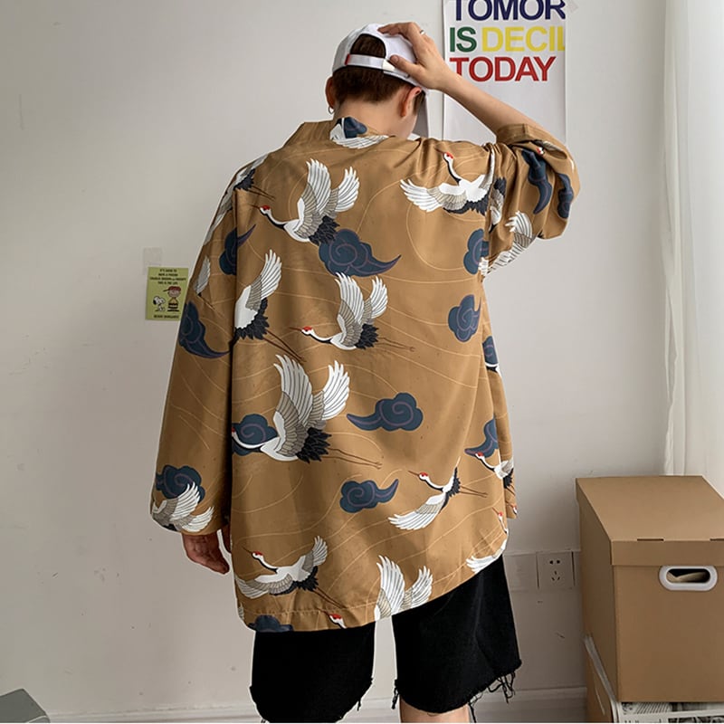 [PINZHI Series]★Happi coat★ 2color Thin Crane Unisex Men's Print Large Size Yellow Cool Fireworks Festival Festival