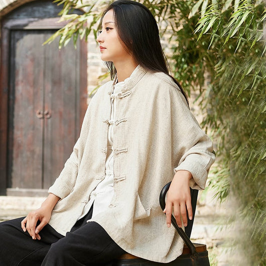 Chinese-style outerwear, tops, blouses, shirts, Chinese-style clothes, retro, literary style, ethnic style, girls' night out, class reunions, stand neck, long sleeves, short length, Chinese button, apricot, white, cotton linen fabric