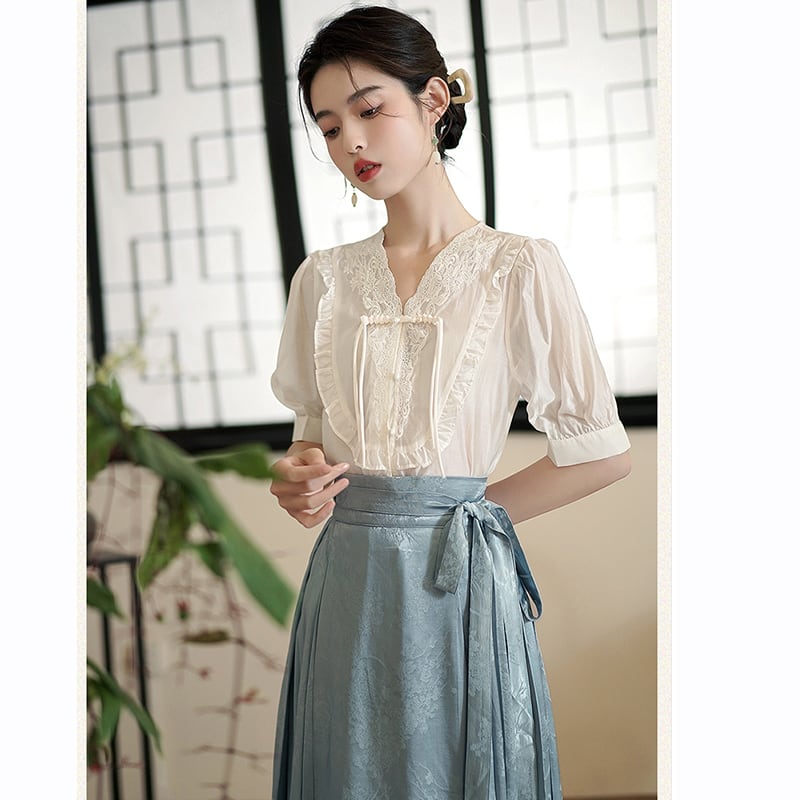 [QIYC Series] ★Chinese style shirt★ V-neck short sleeve tops, summer clothes, improves temperament, improved Hanfu, Hanfu tops, gives a gentle impression