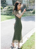 Load image into Gallery viewer, Chinese dress, One-piece dress, Improved Chinese dress, Chinese style clothing, Stand neck, Short sleeves, Long length, Elegant, Slimming, Elegant, Large size, SML, XL, 2XL, 3XL, Lace, Green, Green
