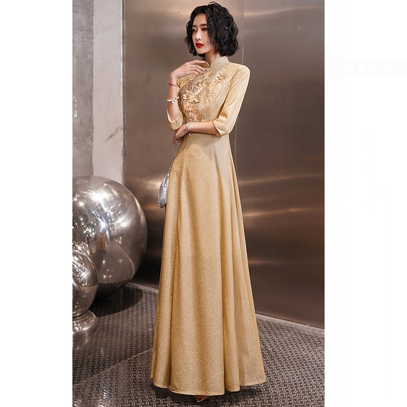 [Chouga series] ★Party dress★ Maxi length dress Improves temperament Gold Golden Chinese style