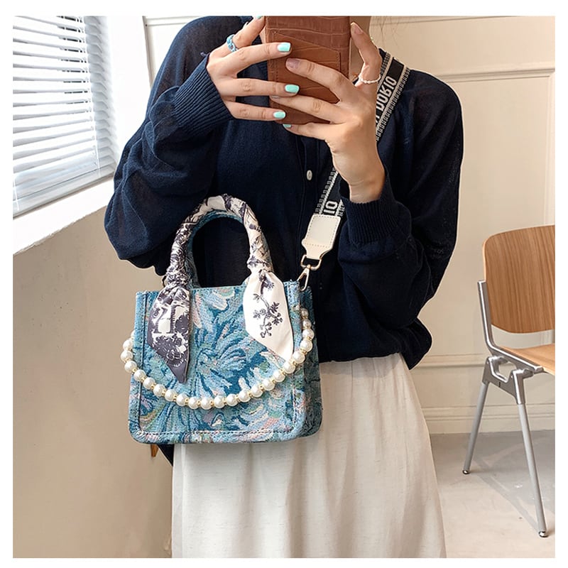 [2060 Series]★Shoulder Bag★ 2color Blue or Green Floral Pattern Retro Oil Painting Style Bag Elegant Party Commuting Date