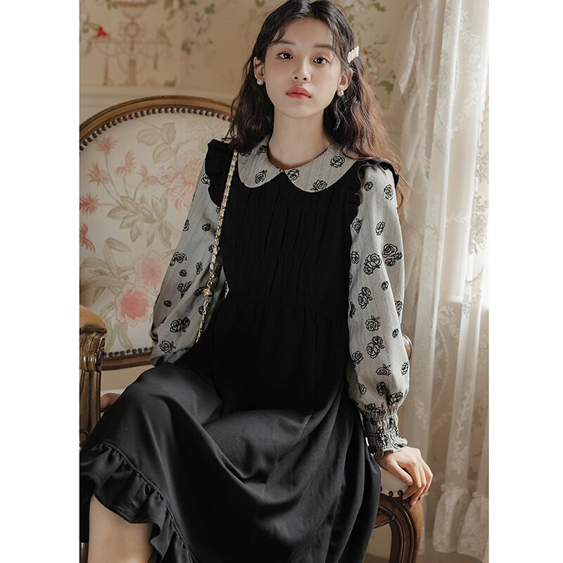 [ZITAIMEIGUI Series] ★One Piece★ Long Length Switching Floral Pattern Women's Commuting Date Black Black