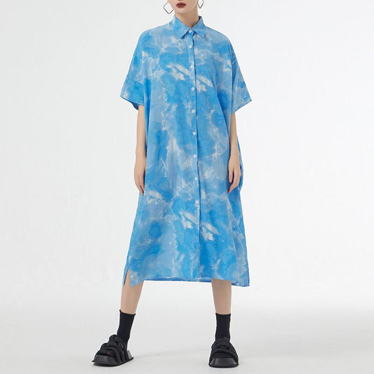 [YIDAO Series]★Shirt dress★ 2color long shirt print retro floral pattern loose blue gray summer clothes